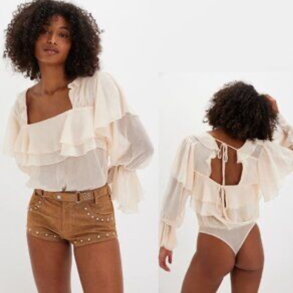 Free People Intimately Give Me Drama Ruffled Bodysuit Cream XL NWT
